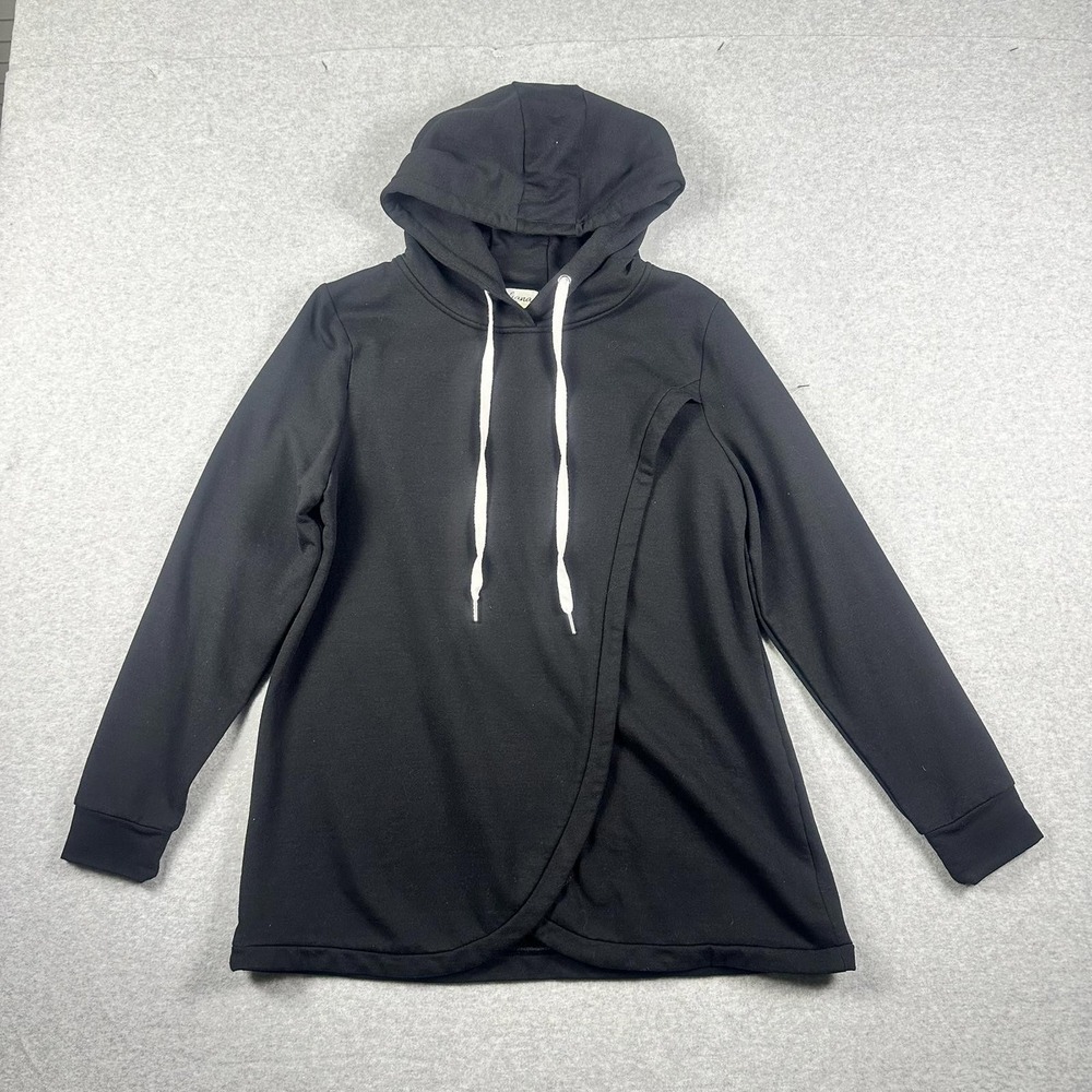 Eliana Black Asymmetrical Wrap Front Hoodie Size Medium Excellent‎